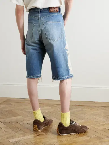KAPITAL Straight-Leg Appliquéd Distressed Denim Shorts - Men | Thumbnail 4 KAPITAL Straight-Leg Appliquéd Distressed Denim Shorts - Men | Thumbnail 4