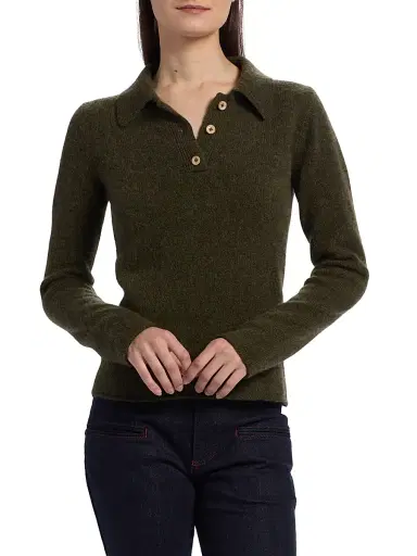 The Elder Statesman Women's Fitted Cashmere Polo Shirt - Olive | Thumbnail 3 The Elder Statesman Women's Fitted Cashmere Polo Shirt - Olive | Thumbnail 3