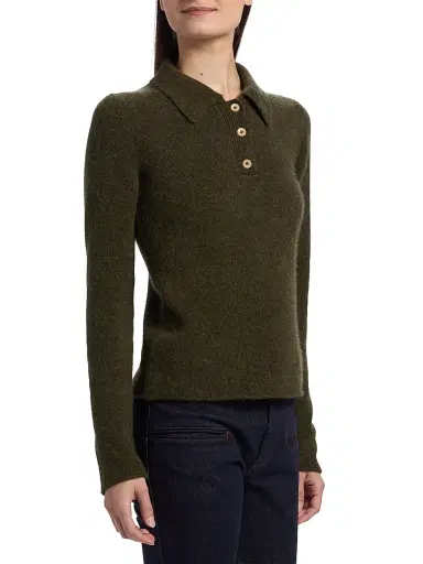 The Elder Statesman Women's Fitted Cashmere Polo Shirt - Olive | Thumbnail 4 The Elder Statesman Women's Fitted Cashmere Polo Shirt - Olive | Thumbnail 4