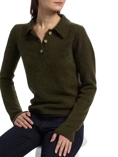 The Elder Statesman Women's Fitted Cashmere Polo Shirt - Olive | Thumbnail 6 The Elder Statesman Women's Fitted Cashmere Polo Shirt - Olive | Thumbnail 6