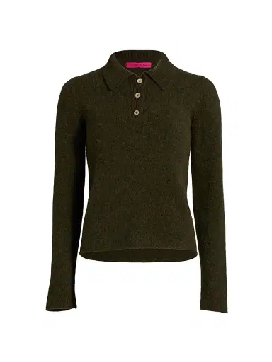 The Elder Statesman Women's Fitted Cashmere Polo Shirt - Olive | Thumbnail 1 The Elder Statesman Women's Fitted Cashmere Polo Shirt - Olive | Thumbnail 1