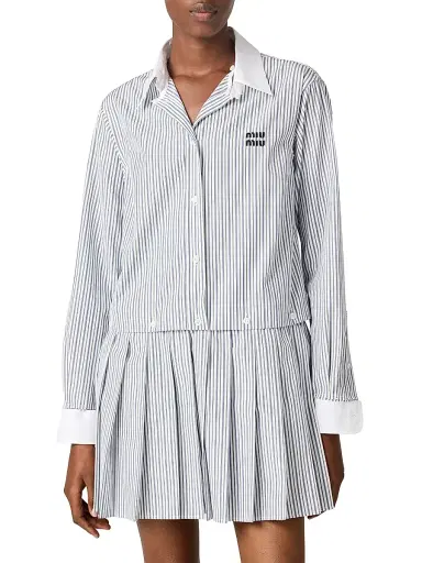 Miu Miu Women's Pleated Striped Poplin Mini-Dress - White | Thumbnail 2 Miu Miu Women's Pleated Striped Poplin Mini-Dress - White | Thumbnail 2