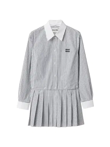 Miu Miu Women's Pleated Striped Poplin Mini-Dress - White | Thumbnail 1 Miu Miu Women's Pleated Striped Poplin Mini-Dress - White | Thumbnail 1