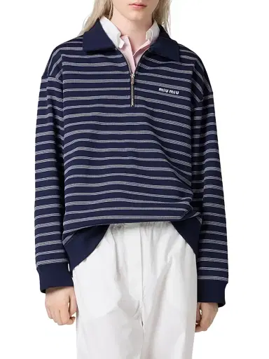 Miu Miu Women's Striped Zipper Polo Shirt - Blue | Thumbnail 2 Miu Miu Women's Striped Zipper Polo Shirt - Blue | Thumbnail 2