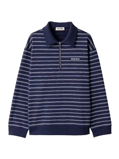 Miu Miu Women's Striped Zipper Polo Shirt - Blue | Thumbnail 1 Miu Miu Women's Striped Zipper Polo Shirt - Blue | Thumbnail 1