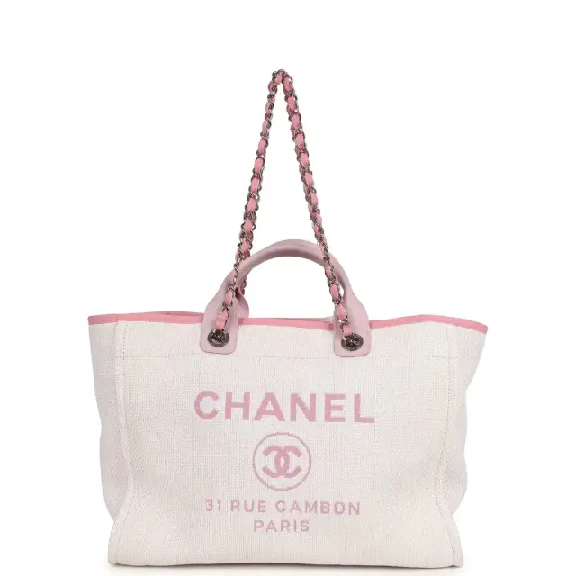 Pre-owned Chanel Medium Deauville Shopping Tote Light Pink Raffia and Canvas Silver Hardware Pre-owned Chanel Medium Deauville Shopping Tote Light Pink Raffia and Canvas Silver Hardware