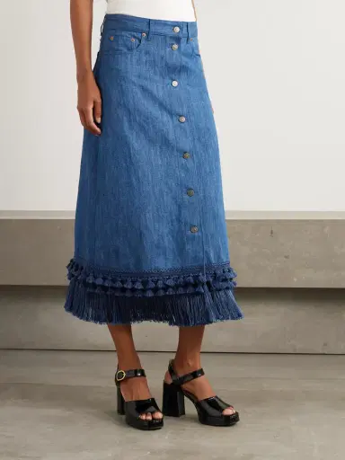 Valentino Garavani Tasseled Fringed Denim Midi Skirt | Thumbnail 3 Valentino Garavani Tasseled Fringed Denim Midi Skirt | Thumbnail 3