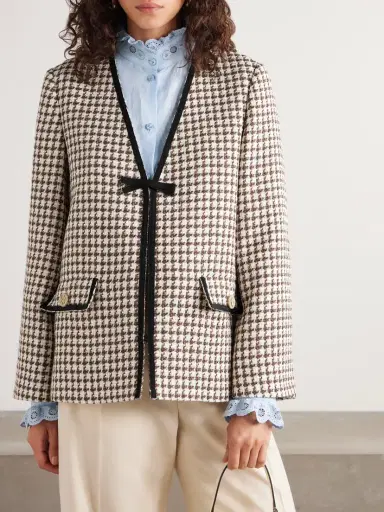 Valentino Garavani Grosgrain-trimmed Houndstooth Cotton-blend Tweed Jacket | Thumbnail 3 Valentino Garavani Grosgrain-trimmed Houndstooth Cotton-blend Tweed Jacket | Thumbnail 3