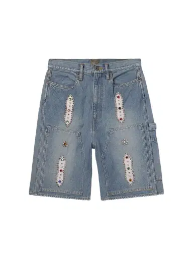 KAPITAL Straight-Leg Leather-Trimmed Embellished Denim Shorts - Men | Thumbnail 1 KAPITAL Straight-Leg Leather-Trimmed Embellished Denim Shorts - Men | Thumbnail 1