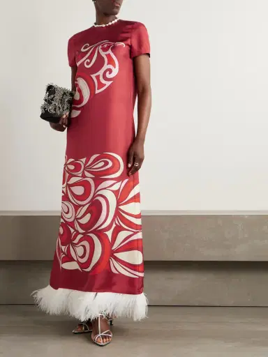 La DoubleJ Swing Feather-trimmed Printed Silk-twill Maxi Dress | Thumbnail 2 La DoubleJ Swing Feather-trimmed Printed Silk-twill Maxi Dress | Thumbnail 2