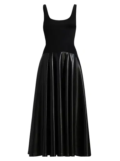 ALICE + OLIVIA Women's Adley Faux-Leather Drop-Waist Flared Maxi Dress - Black | Thumbnail 1 ALICE + OLIVIA Women's Adley Faux-Leather Drop-Waist Flared Maxi Dress - Black | Thumbnail 1