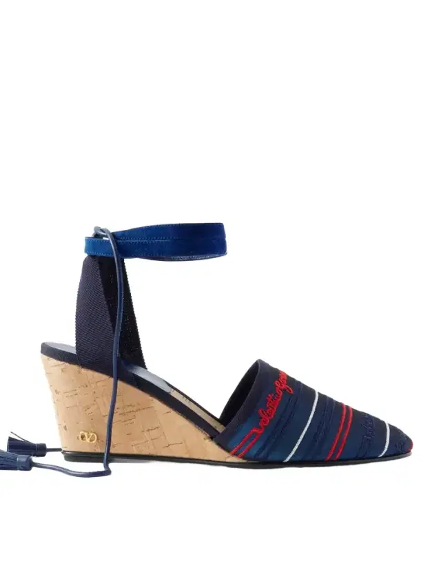 Valentino Garavani La Cruisette 75 Tasseled Embroidered Canvas Wedge Sandals