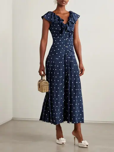 Alessandra Rich Pleated Gathered Polka-dot Silk Crepe De Chine Midi Dress | Thumbnail 2 Alessandra Rich Pleated Gathered Polka-dot Silk Crepe De Chine Midi Dress | Thumbnail 2