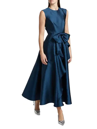 Shoshanna Women's Leo Textured Satin Bow Midi-Dress - Navy | Thumbnail 2 Shoshanna Women's Leo Textured Satin Bow Midi-Dress - Navy | Thumbnail 2