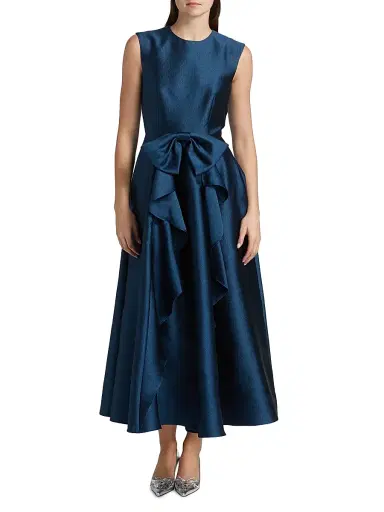 Shoshanna Women's Leo Textured Satin Bow Midi-Dress - Navy | Thumbnail 3 Shoshanna Women's Leo Textured Satin Bow Midi-Dress - Navy | Thumbnail 3