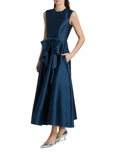 Shoshanna Women's Leo Textured Satin Bow Midi-Dress - Navy | Thumbnail 4 Shoshanna Women's Leo Textured Satin Bow Midi-Dress - Navy | Thumbnail 4