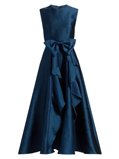 Shoshanna Women's Leo Textured Satin Bow Midi-Dress - Navy | Thumbnail 1 Shoshanna Women's Leo Textured Satin Bow Midi-Dress - Navy | Thumbnail 1