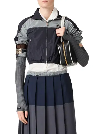 Miu Miu Women's Technical Silk Zipper Blouson Jacket - Blue | Thumbnail 2 Miu Miu Women's Technical Silk Zipper Blouson Jacket - Blue | Thumbnail 2