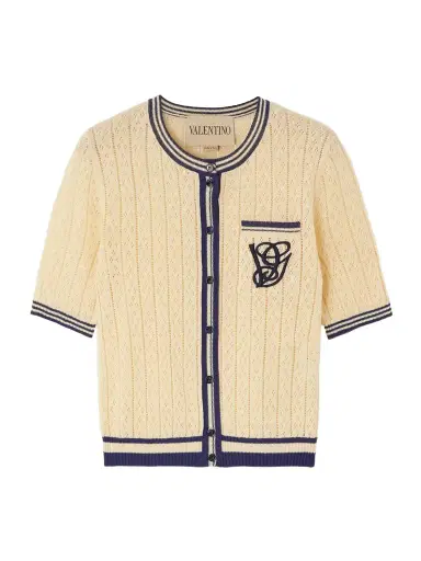 Valentino Garavani Embroidered Striped Pointelle-knit Linen-blend Cardigan | Thumbnail 1 Valentino Garavani Embroidered Striped Pointelle-knit Linen-blend Cardigan | Thumbnail 1