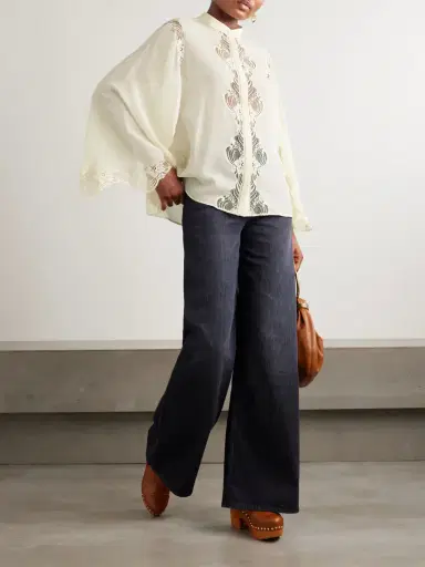 Chloé Embroidered Lace-trimmed Organic Silk-georgette Blouse | Thumbnail 2 Chloé Embroidered Lace-trimmed Organic Silk-georgette Blouse | Thumbnail 2