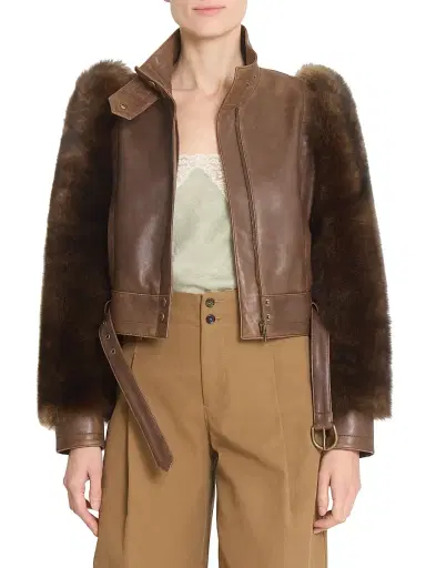 Chloé Women's Leather & Shearling Sleeve Jacket - Bourbon Brown | Thumbnail 3 Chloé Women's Leather & Shearling Sleeve Jacket - Bourbon Brown | Thumbnail 3