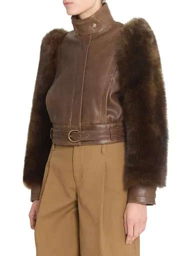 Chloé Women's Leather & Shearling Sleeve Jacket - Bourbon Brown | Thumbnail 4 Chloé Women's Leather & Shearling Sleeve Jacket - Bourbon Brown | Thumbnail 4