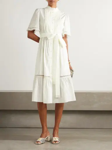 Valentino Garavani Belted Lace-trimmed Pintucked Cotton-poplin Midi Dress | Thumbnail 2 Valentino Garavani Belted Lace-trimmed Pintucked Cotton-poplin Midi Dress | Thumbnail 2