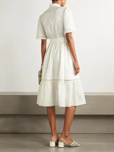 Valentino Garavani Belted Lace-trimmed Pintucked Cotton-poplin Midi Dress | Thumbnail 3 Valentino Garavani Belted Lace-trimmed Pintucked Cotton-poplin Midi Dress | Thumbnail 3