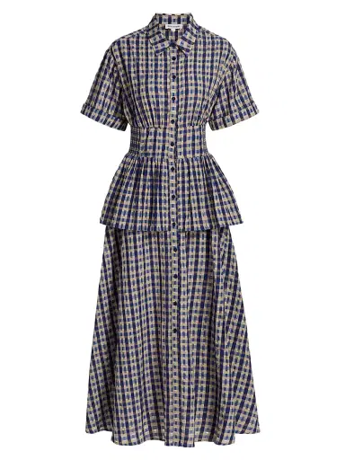 Rosie Assoulin Women's Boogie Woogie Bugle Peplum Maxi Dress - Navy Check | Thumbnail 1 Rosie Assoulin Women's Boogie Woogie Bugle Peplum Maxi Dress - Navy Check | Thumbnail 1
