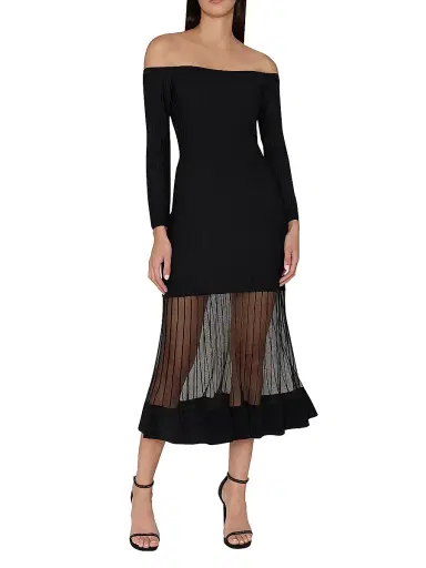 Milly Women's Ots Sheer Knit Off-Shoulder Midi-Dress - Black | Thumbnail 2 Milly Women's Ots Sheer Knit Off-Shoulder Midi-Dress - Black | Thumbnail 2