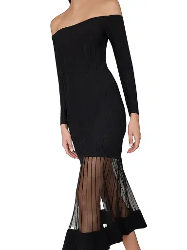 Milly Women's Ots Sheer Knit Off-Shoulder Midi-Dress - Black | Thumbnail 3 Milly Women's Ots Sheer Knit Off-Shoulder Midi-Dress - Black | Thumbnail 3