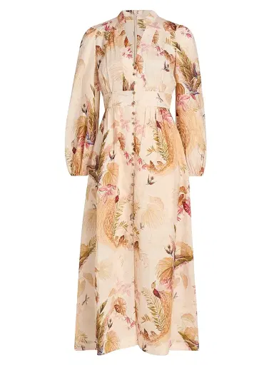 Zimmermann Women's Ascension Plunge Midi-Dress - Cream Palm Floral | Thumbnail 1 Zimmermann Women's Ascension Plunge Midi-Dress - Cream Palm Floral | Thumbnail 1