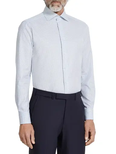 ZEGNA Men's Checked Centoventimila Cotton Shirt - Light Blue White | Thumbnail 2 ZEGNA Men's Checked Centoventimila Cotton Shirt - Light Blue White | Thumbnail 2