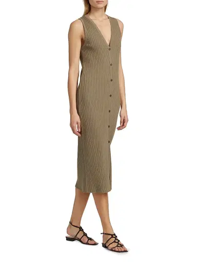 Vince Women's Rib-Knit Button-Front Midi-Dress - Tapenade | Thumbnail 2 Vince Women's Rib-Knit Button-Front Midi-Dress - Tapenade | Thumbnail 2