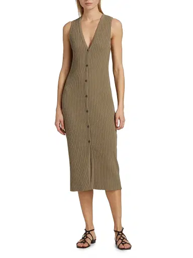 Vince Women's Rib-Knit Button-Front Midi-Dress - Tapenade | Thumbnail 3 Vince Women's Rib-Knit Button-Front Midi-Dress - Tapenade | Thumbnail 3