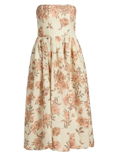 Cara Cara Women's Anisha Floral Linen Strapless Midi-Dress - Farfella Border Egret | Thumbnail 1 Cara Cara Women's Anisha Floral Linen Strapless Midi-Dress - Farfella Border Egret | Thumbnail 1
