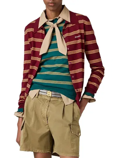 Miu Miu Women's Striped Cashmere and Silk Cardigan - Dark Red | Thumbnail 2 Miu Miu Women's Striped Cashmere and Silk Cardigan - Dark Red | Thumbnail 2