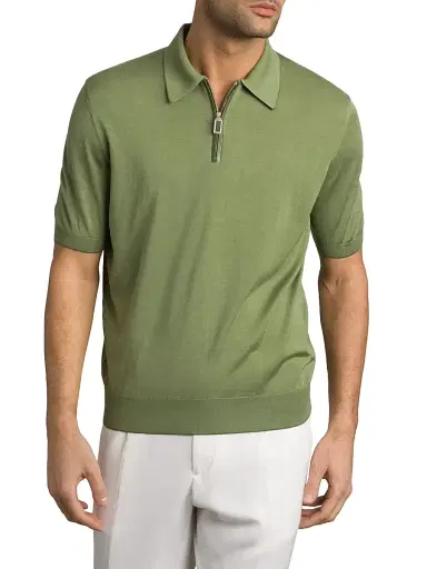 Stefano Ricci Men's Silk and Crocodile Leather Knit Zip Polo - Green | Thumbnail 2 Stefano Ricci Men's Silk and Crocodile Leather Knit Zip Polo - Green | Thumbnail 2