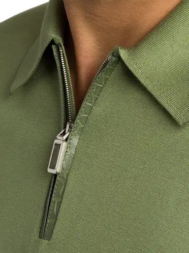 Stefano Ricci Men's Silk and Crocodile Leather Knit Zip Polo - Green | Thumbnail 4 Stefano Ricci Men's Silk and Crocodile Leather Knit Zip Polo - Green | Thumbnail 4