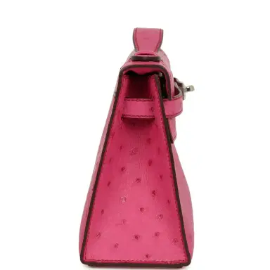 HERMÈS Pre-owned Hermes Kelly Pochette Fuchsia Ostrich Palladium Hardware | Thumbnail 3 HERMÈS Pre-owned Hermes Kelly Pochette Fuchsia Ostrich Palladium Hardware | Thumbnail 3