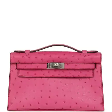 HERMÈS Pre-owned Hermes Kelly Pochette Fuchsia Ostrich Palladium Hardware | Thumbnail 1 HERMÈS Pre-owned Hermes Kelly Pochette Fuchsia Ostrich Palladium Hardware | Thumbnail 1