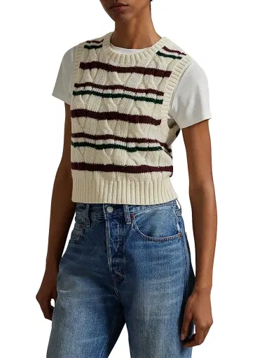Polo Ralph Lauren Women's Striped Cable Wool-Cashmere Sweater Vest - Authentic Cream | Thumbnail 3 Polo Ralph Lauren Women's Striped Cable Wool-Cashmere Sweater Vest - Authentic Cream | Thumbnail 3