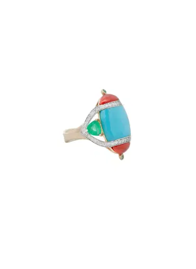Wish Fine Jewelry 8.97ct Diamond Emerald Turquoise Coral 18K Gold Cocktail Ring | Thumbnail 2 Wish Fine Jewelry 8.97ct Diamond Emerald Turquoise Coral 18K Gold Cocktail Ring | Thumbnail 2