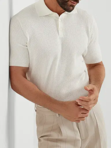 Brunello Cucinelli Men's Cotton English Rib Polo Style Sweater - Panama | Thumbnail 5 Brunello Cucinelli Men's Cotton English Rib Polo Style Sweater - Panama | Thumbnail 5