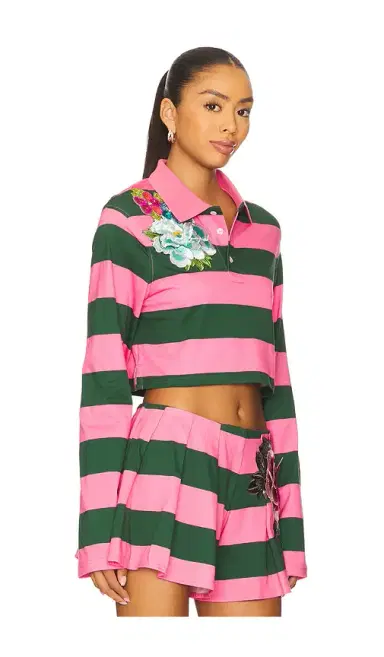 AREA Embroidered Flower Cropped Polo Top | Thumbnail 2 AREA Embroidered Flower Cropped Polo Top | Thumbnail 2