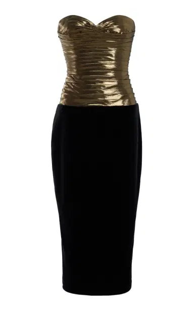 Sergio Hudson Pleated Lame and Stretch-Velvet Midi Dress | Thumbnail 1 Sergio Hudson Pleated Lame and Stretch-Velvet Midi Dress | Thumbnail 1