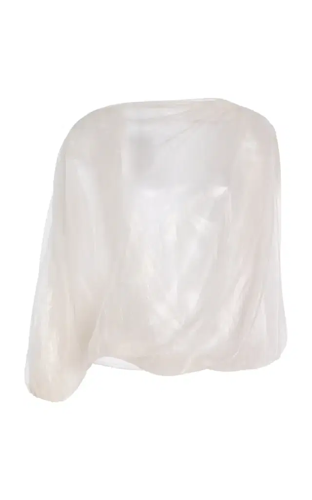 Single-Sleeve Draped Shinny Voile Top - Ivory Single-Sleeve Draped Shinny Voile Top - Ivory