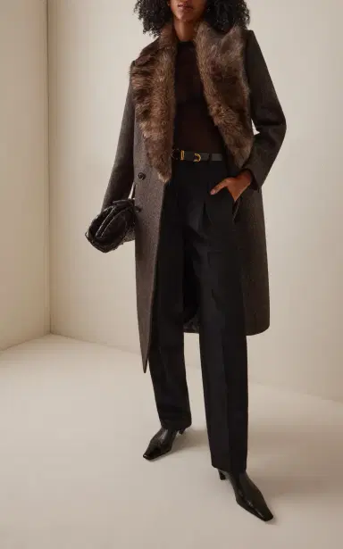 NILI LOTAN Edina Shearling-Trimmed Herringbone-Wool Double-Breasted Coat | Thumbnail 2 NILI LOTAN Edina Shearling-Trimmed Herringbone-Wool Double-Breasted Coat | Thumbnail 2