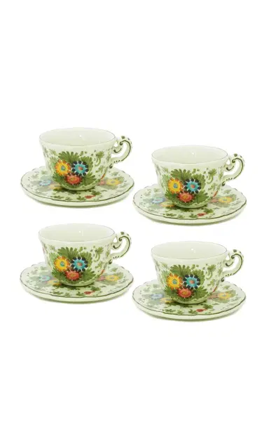 Moda Domus Fiorito by MODA DOMUS; Set-Of-Four Hand-painted Ceramic Teacup and Saucer - Green | Thumbnail 1 Moda Domus Fiorito by MODA DOMUS; Set-Of-Four Hand-painted Ceramic Teacup and Saucer - Green | Thumbnail 1
