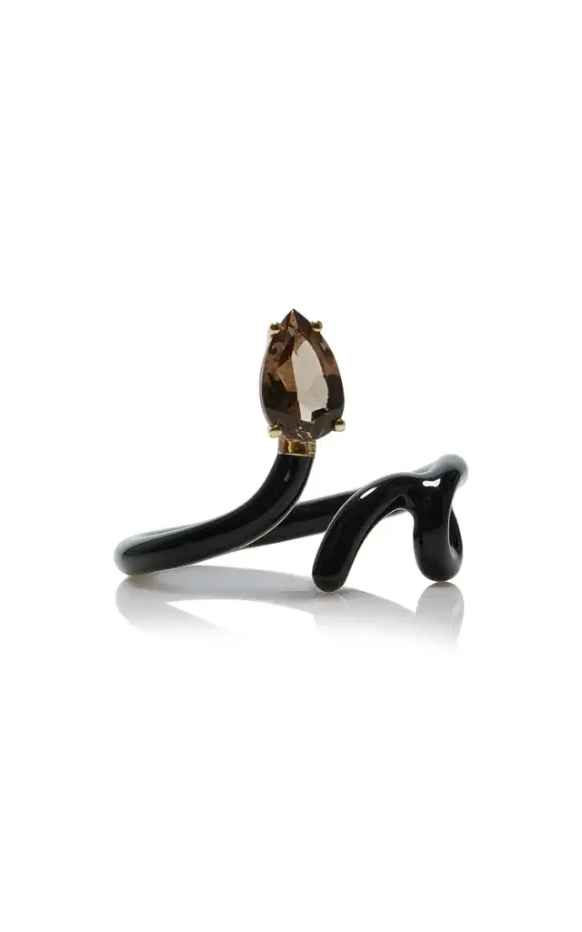 9kt Yellow Gold And Silver With Black Enamel And Drop Cut Smoky Quartz 9kt Yellow Gold And Silver With Black Enamel And Drop Cut Smoky Quartz